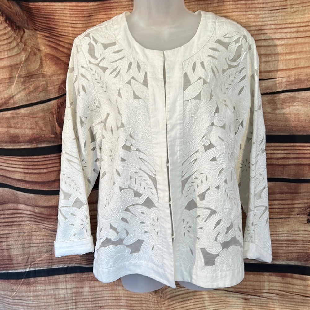 Chicos, sheer Matisse jacket, white, Chicos  size one
